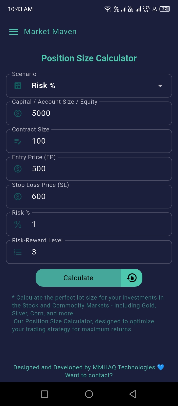 Position Size Calculator Values (dark Theme)